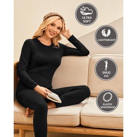 Ekouaer Thermal Underwear for Women Long Johns Sets Base Layer Lightweight 2 Pieces Pajams Set Black XXL