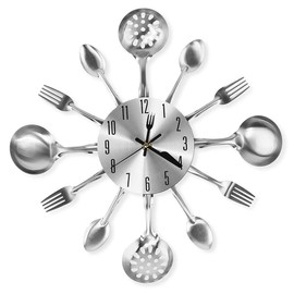 CIGERA 14" Kitchen Cutlery Wall Clock with Forks and Spoons for Home Decor,Silver