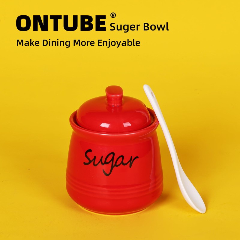 ONTUBE Ceramic Sugar Bowl with Lid and Spoon 12oz (Red)