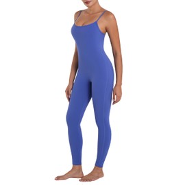 Sunzel Workout Jumpsuits for Women Adjustable Spaghetti Strap Leggings Bodysuit Square Neck Sleeveless One Piece Yoga Unitard 26" Sapphire Blue X-Small