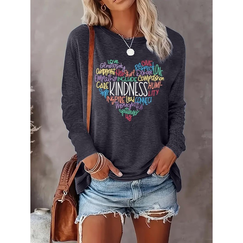 Women's Long Sleeve Graphic Tshirts Kindness Print Crew Neck Pullover