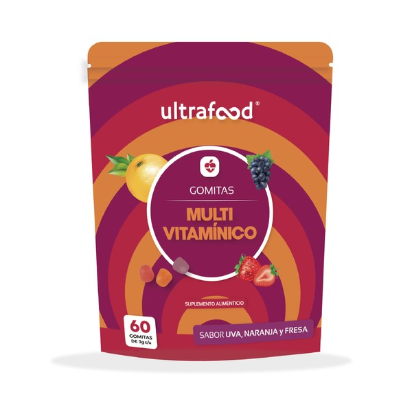 Ultrafood - Multi Vitaminas en Gomitas, ideal para niños y adultos | Vitaminas para Mujer y Hombre | Sabor Fresa, Uva y Naranja | Contiene 60 gomitas de 3g, 180 gramos por envase.