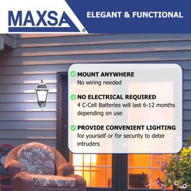 Maxsa 43319 Premium Battery-Powered Motion-Activated Decorative Outdoor Warm White LED Wall Sconce Lighting Fixture, Metal Housing, Black