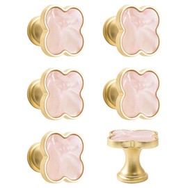 MOROBOR 6 PCS Four-Leaf Clover Handle, Creative Cabinet Drawer Pulls Multifunctional Single Hole Zinc Alloy Knobs for Dresser Wardrobe Door Furniture Accessories/Gold Base with Pink Surface