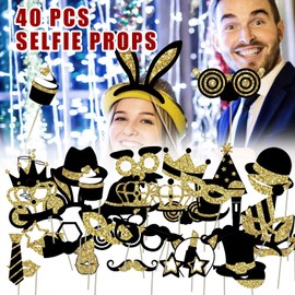 40 Pieces Selfie Ball Accessories Photo Booth Props for Birthday Party Photo Props Black and Gold for Adults Kids Wedding Party