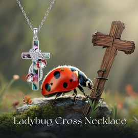 AXOMY Ladybug Necklace 925 Sterling Silver Cross Abalone Shell Pendant Necklace Ladybug Jewelry Mothers Gifts for Women Mom Grandma