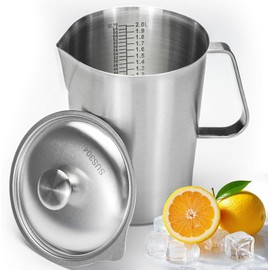 70 oz Stainless Steel Pitcher with Lid, Metal Measuring Cup with Marking with Handle, 2 L Large Mouth Graduated Beakers, Milk Frothing Jug for Espresso Machines, Latte Art, Iced Tea, Hot/Cold Water