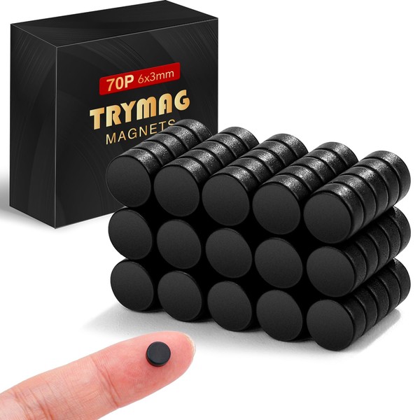 TRYMAG Black Refrigerator 6x3mm Small Round Rare Earth Magnets, 70Pcs