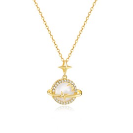 Deelfel Women's Necklace, Pearl, Pink Gold, Cable Chain, Length 15.6 + 2.6 inches (39.5 + 6.5 cm), Saturn Vivienne Necklace, Cute Planet Pendant, Star, Star, Stainless Steel, Hypoallergenic Metal