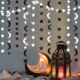 Black Silver Moon and Star Garland Gothic Decorations Hanging Twinkle Little Star Two The Moon Birthday Party Decoration Starry New Year Eve Banner Stars Baby Shower Ramadan EID Muburak Decor