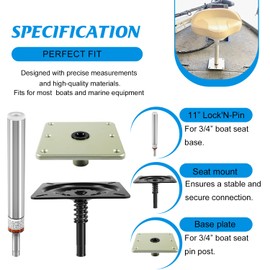 Boat Seat Mount Kit Include Lock'N-Pin 3/4" Seat Mount (1002), SP-2114 11" Fixed Pin Post & 7"x7" Base Plate | Marine-Grade Pedestal System for Fishing Boat Seats (3PCS)