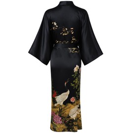 TicyLuck Women's Silk Kimono Robe Long Bathrobe Nightgown 100% Mulberry Silk for Women - Classic Floral Pattern (US, Alpha, One Size, Regular, Regular, Black)