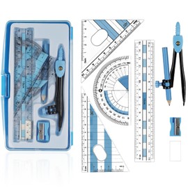 Maths Set | 8Pcs Compass Maths Protractor and Compass Set | Geometry Sets Triangle Ruler Protractor Rubber Sharpener with Storage Box (Blue)