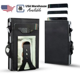 Casekey Fashion Slim Minimalist Pu Vintage Leather Smart Money Clip Wallet Rfid Blocking Pop up Aluminum Card Holder for Giftcolor: Black