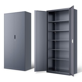DNA MOTORING 71'' Metal Storage Cabinet, Locking Tool Cabinet with 5 Adjustable Shelves, Heavy Duty Metal Locker for Garage,Office,Home,Gym,Gray, TOOLS-00632-GY-GY-A