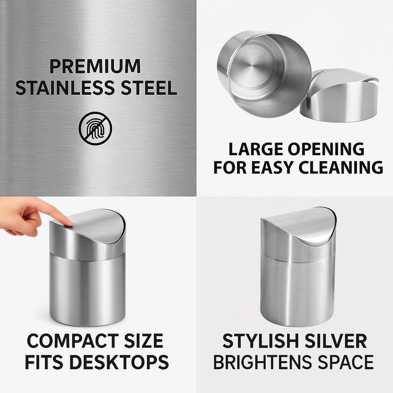 JILLICK Small Mini Trash Can with Lid, Brushed Stainless Steel