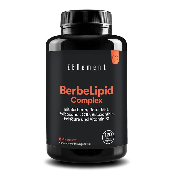 BerbeLipid Complex, with Berberine, Red Yeast Rice, Policosanol, Q10, Astaxanthin, Folic Acid and Vitamin B1, 120 Capsules, Vegan, GMO-Free, Cenement
