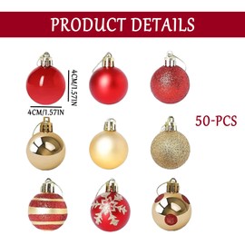 Pack of 50 Plastic Christmas Baubles, Christmas Bauble Ornaments, 4 cm Christmas Baubles, Tree Decorations, Christmas Tree Baubles Set for Christmas Decoration, Wedding, Birthday Party (Red & Gold)