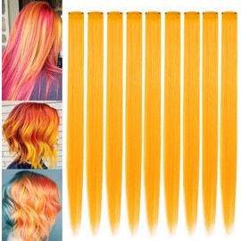MQY COLOR 9 Pieces 21 Inch Coloured Hair Accessories Wig Pieces Clip in Orange Hair Extensions for Girls Party Highlights Synthetic Long Straight Colourful Hairpieces for Women (Orange)