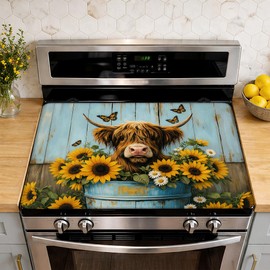 Highland Cow Stove Top Cover for Electric Stove 28.5"x 20.5",Cow Sunflower Wood Heat Resistant Glass Top Stove Cover Protector, Glass Cooktop Covers, Kitchen Flat Electric Stove Top Covers