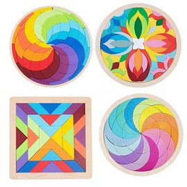 Kids Montessori Rainbow Wooden Puzzle Toys Art Educational Geometric Jigsaw Imagination Training Mandala Blocks Toys Brain Games (Color 2)