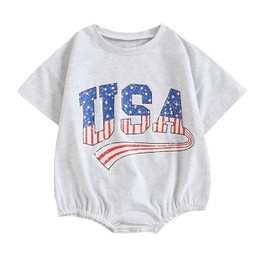 Twopumpkin Toddler Baby 4th of July Outfit Boy Girl Oversized Romper/Shirts+Shorts Retro American Flag Matching Clothes (A USA Romper Gray,0-6 Months)