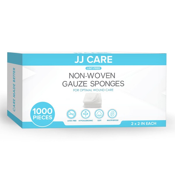 JJ CARE Non Woven Gauze [1000 Count], 2x2 Non Woven Gauze Pads for First Aid, 4-Ply Dental Gauze, Lint-Free Esthetic Wipes, Gauze Sponges for Wound Care