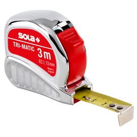 SOLA TRI-MATIC Tape Measure 3 m / 13 mm - Professional Pocket Tape Measure with Belt Clip - Steel Tape, Yellow Painted with mm Scale - Accuracy Class I - Roll Meter with Movable End Hook - Length 3