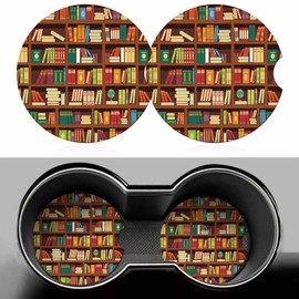 Book Shelf 2 Pack Car Cup Holder Coaster Retro Bookshelf Literature Books Anti Slip Insert Absorbent Ceramic Car Coaster with Cork Base and Finger Notch Cute Car Accessories Interior for Women Men