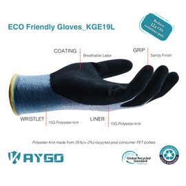 KAYGO Work Gloves for Women KGE19L Eco Friendly Gloves with Breathable Rubber Coated, 3 Pairs,Large