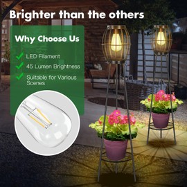 FQIIL 2 Pack Solar Lights Outdoor with Plant Stands, Solar Floor Lamp, Solar Powered Street Light Metal Tripod Deck Lights, Patio Decor for Garden Yard Pathway Driveway Porch