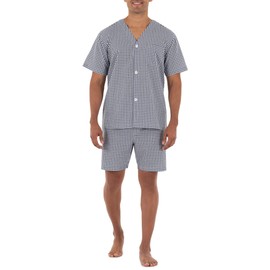 Fruit of the Loom Men's Broadcloth Short Sleeve Pajama Set, Navy/White Check, Large