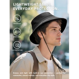OnWander Lightweight Bucket Hat for Women Men - Breathable Sun Hat with Ponytail Hole for Beach, Golf, Hiking, Gardening - UPF 50+, Quick Dry, Foldable,Anti-Wrinkle Black