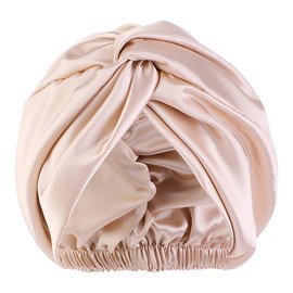 100% Mulberry Silk Women Night Hat, Sleep Cap, Silk Shower Cap, Good for Hair, Soft Silk Bonnet Silk Bonnet, Adjustable Double Layers Bonnet, Silk Hair Care Head Cap (Light Khaki)
