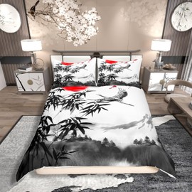 Homewish Japanese-Style Duvet Cover Mountain Crane Bedding Set Single Size For Kids Teens Adult Bamboo Leaves Sun Quilt Cover Vintage Style Comforter Cover Lightweight Bedroom Decor Grey White