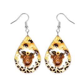 Sunflower and Leopard Highland Cow Earrings - Animal Earrings - Teardrop Earrings - Raindrop Earrings - Wood Printed Earrings