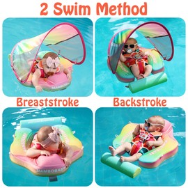 HECCEI Add Tail Newest Mambobaby Baby Swim Float with Canopy Solid Pool Infant Swim Trainer Swimming Training Lying Air Free Water Floats Non-Inflatable Waist Swim Ring for Toddlers (Rainbow)