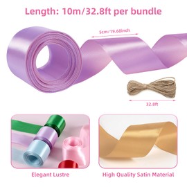 6 Rolls Satin Ribbon 50mm Wide Ribbons for Crafting, Silk Ribbon for Gift with 10m Twine, Double Sided Ribbon for Gift Wrapping,Thick Fabric Ribbon for Decoration, Wedding, Party