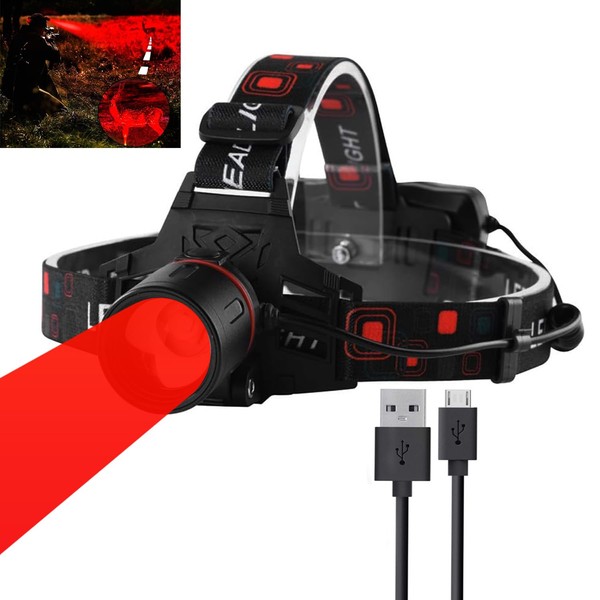 GRACETOP Hunting Red Light Headlamp, LED Rechargeable Headlamp Zoomable LED