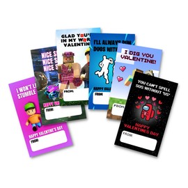 Lashicorn Valentine’s Day Gamer Cards | 24 Pack 2x3.5” Gamer Mine Among Rocket Squads Zero Build Stumble Blox Game Boys Girly Valentine Cards for School Exchange