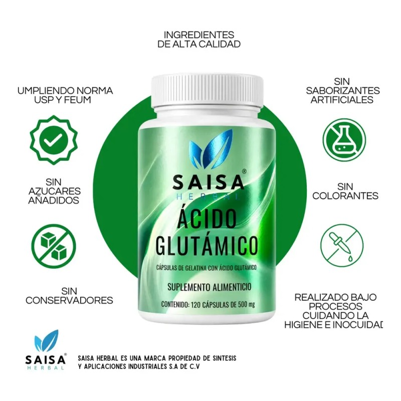 Ácido Glutámico 100% Puro | 120 Cápsulas | Saisa Herbal