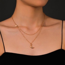 Inilbran Boho Layered Crescent Moon Choker Necklace Gold Moon Star Necklace Choker Vintage Moon Necklace Tiny Star Moon Pendant Necklace Jewelry for Women and Girls