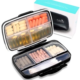 Fullicon Travel Pill Box Organiser Large Portable Medication Organiser, Oversize 8 Compartment Pill Boxes, Vitamin Travel Case Pill Holder - Airtight & Moistureproof (Black)