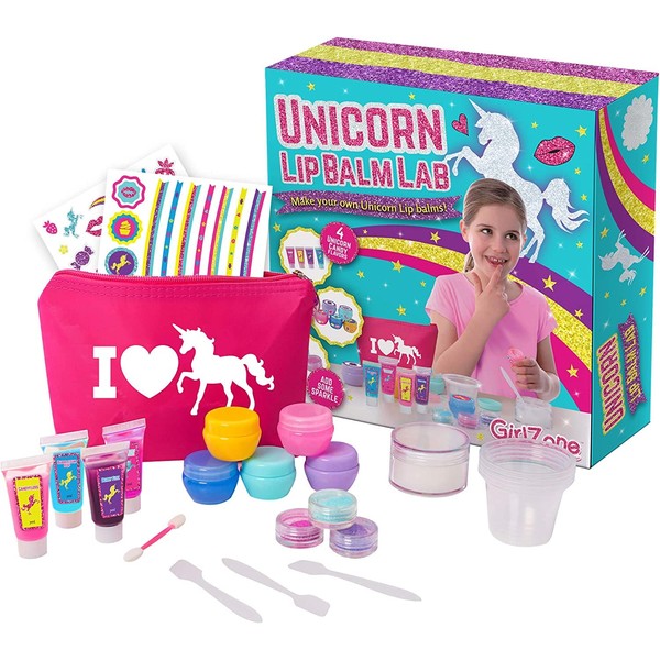 GirlZone Unicorn Lip Balm Lab, 22-Piece Make Your Own Lip Gloss Set for Kids with a Cute Makeup Bag, Exciting Toy for Playdates and Great Gift Idea