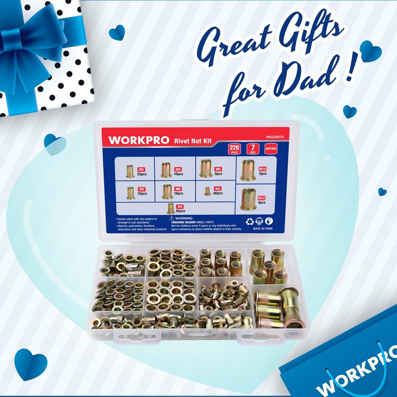 WORKPRO 150Pcs Rivet Nuts, 1/4”-20 Zinc Plated Carbon Steel Rivnut,