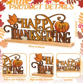 Cinnvoice Thanksgiving Table Sign 11.8 Inch Metal Pumpkin Maple Decor Hollow out Freestanding Thanksgiving Centerpieces with Wooden Base for Fall Autumn Home Tiered Tray Office Mantel Shelf