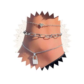 Yienate Boho Love Lock Anklet Bracelet Silver Lock Pendant Anklet Vintage Love Heart Anklet Beach Anklet 3-Piece Set Foot Jewellery Gifts for Women Girls, Silver Metal