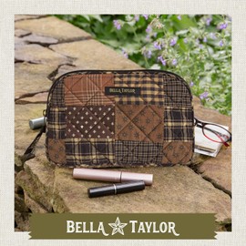 Bella Taylor Large Quilted Cotton Makeup Pouch for Women, Travel Cosmetic Bag, Quilted Cotton Ironstone Black and Brown Patchwork
