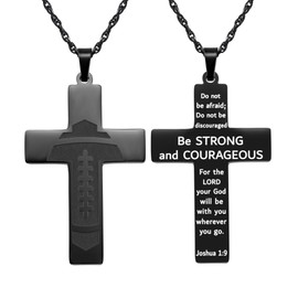 Football Cross Necklace for Men, Black Religious Christian Faith Necklace with Joshua 1:9 Bible Verse - Be Strong and Courageous Baptism, First Communion, Confirmation Gift for Athletes & Fans