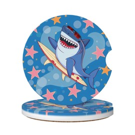 Neukim 2 Pack Blue Surfing Shark Car Cup Holder Coasters, 2.56 Inch Cartoon Star Summer Anti Slip Ceramic Absorbent Coaster with Cork Base and Finger Notch Car Accessories Interior for Women & Men